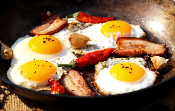 Мясо, перец, яичница, бекон, egg, meat, pepper, bacon