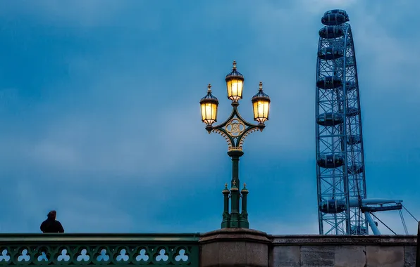 Картинка мост, Англия, Лондон, вечер, освещение, фонарь, Великобритания, колесо обозрения