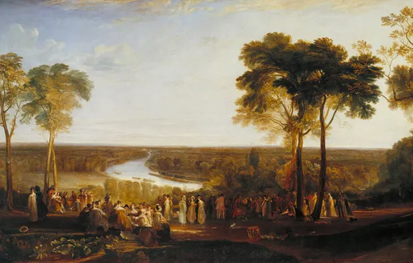 Картинка деревья, пейзаж, река, люди, картина, Уильям Тёрнер, on the Prince Regent’s Birthday, Richmond Hill