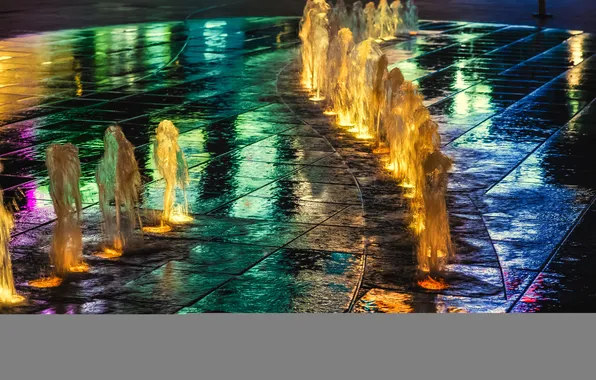 Картинка город, отражение, цвет, вечер, фонтан