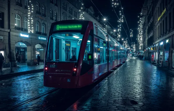 Дома, Вечер, Город, Провода, Улица, Реклама, Трамвай, Фонари