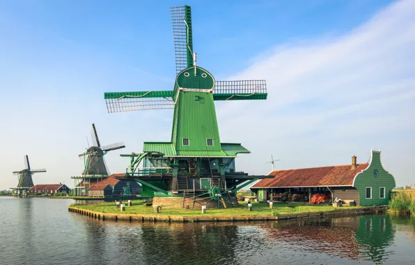 Небо, солнце, река, деревня, мельницы, музей, Нидерланды, Zaanse Schans