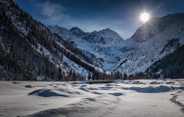 Зима, снег, горы, Австрия, долина, Альпы, сугробы, Austria