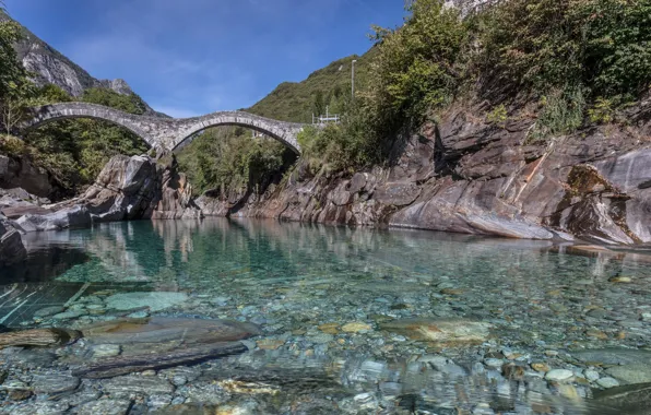 Мост, река, скалы, Швейцария, Verzasca Valley, Lavertezzo, Ponte dei Salti, Verzasca River