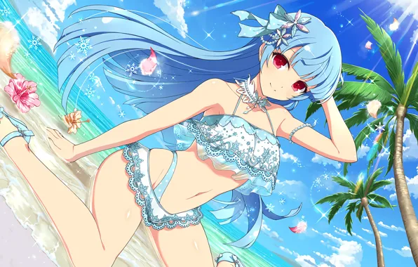 Girl, sexy, cleavage, beach, long hair, sea, boobs, anime