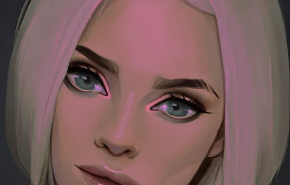 Лицо, блондинка, голубые глаза, серый фон, art, Tricia Loren
