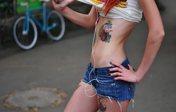 Девушка, тело, шорты, наушники, тату, фотограф, girl, photography