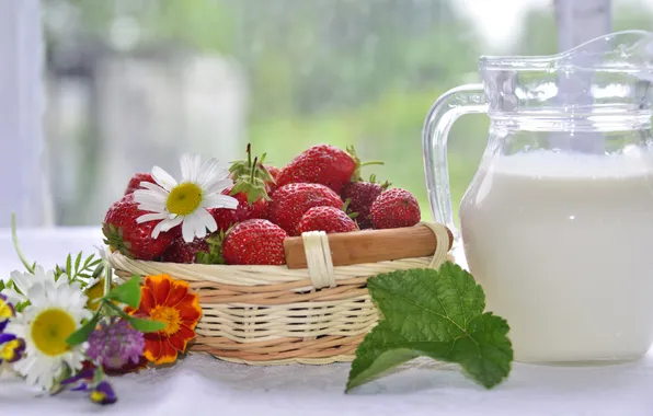 Картинка цветы, ягоды, ромашки, молоко, клубника