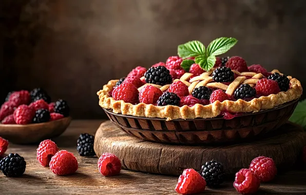 Листья, ягоды, малина, темный фон, стол, доски, черника, пирог