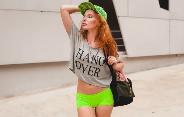 Girl, shorts, beautiful, model, redhead, cap, t-shirt