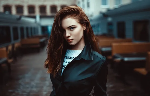 Картинка девушка, черный, портрет, макияж, куртка, прическа, шатенка, боке