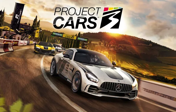 Пейзаж, закат, машины, гонка, трасса, автомобили, Project Cars 3