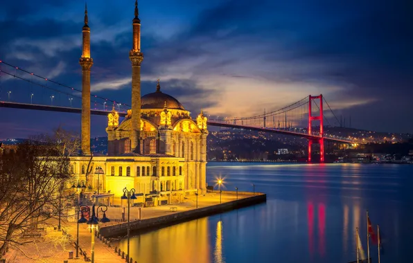 Картинка ночь, мост, огни, пролив, мечеть, Стамбул, Турция, минарет