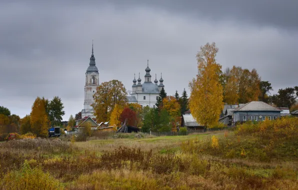 Картинка осень, деревня, церковь, храм, домик, Россия