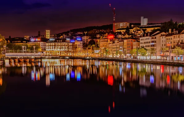 Ночь, город, река, фото, дома, Швейцария, Zurich
