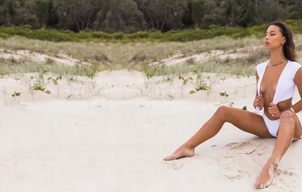 Girl, sexy, cleavage, long hair, boobs, beautiful, pretty, sand