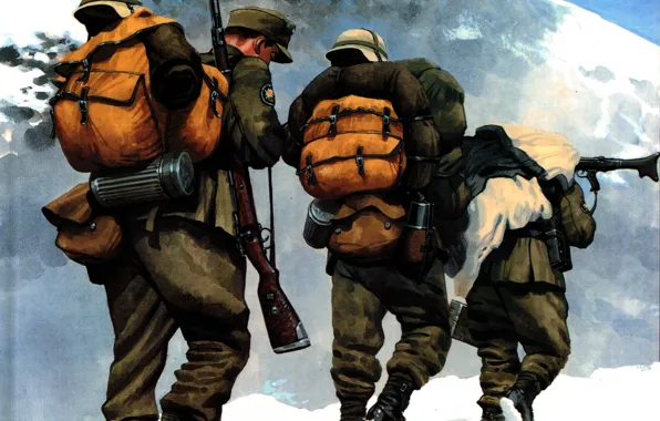Картинка снег, горы, рисунок, солдаты, винтовка, пулемёт, амуниция, Вторая мировая война