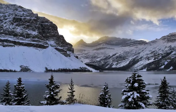 Light, Alberta, trees, mountains, clouds, snow, Bow Lake