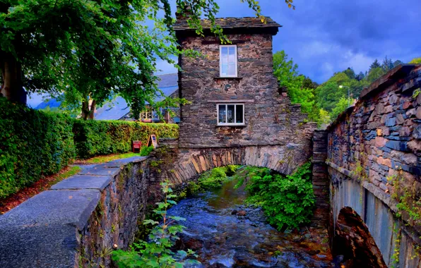 Картинка небо, облака, деревья, мост, город, река, башня