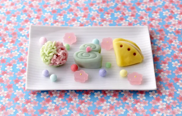 Картинка шарики, фон, еда, конфеты, сладости, цветочный, мармелад