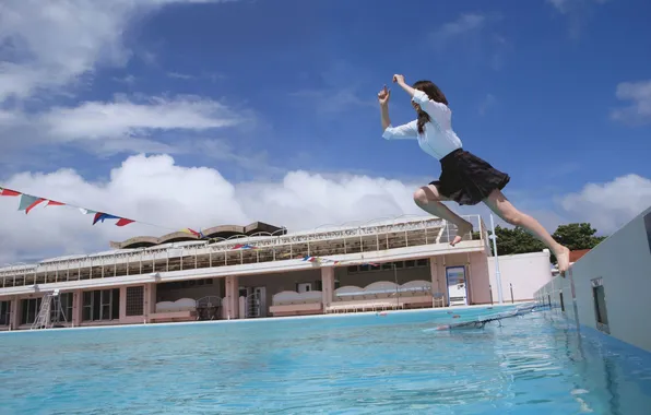 Sky, Asian, Model, Water, Woman, Pool, Jump, Cloud