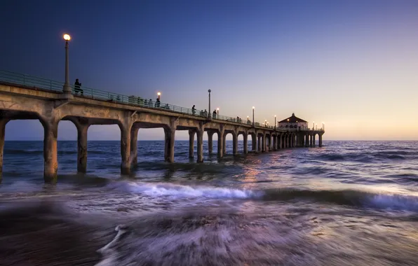 Картинка мост, океан, лос анджелес, surf in la as night passes
