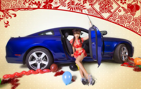Авто, взгляд, Ford, Девушки, азиатка, красивая девушка, сидит на пороге