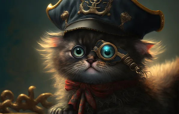Картинка кошка, взгляд, котенок, фантазия, пират, треуголка, монокль, ИИ-арт