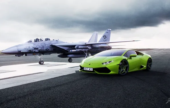 Картинка Lamborghini, Зеленый, Истребитель, Ламборджини, Взлетная Полоса, Green, Суперкар, Supercar, Fighter, Уракан, Huracan, LP610-4, Runway
