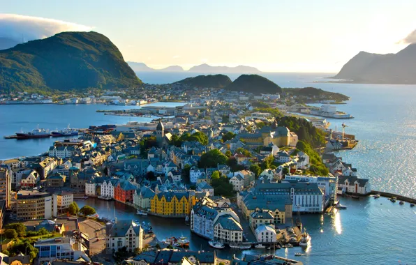Море, пейзаж, горы, город, дома, Норвегия, архитектура, Norway