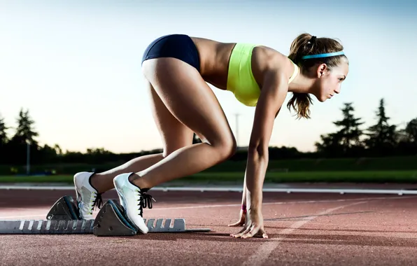 Woman, speed, track, pose, run, start, Training, concentration