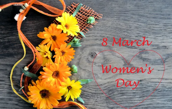 Цветы, герберы, сердечко, 8 марта, поздравление, женский день
