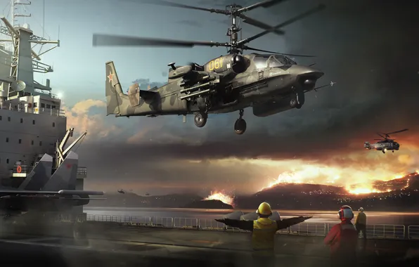 Картинка вертолет, авианосец, боевой, дали, аллигатор, российский, Ка-52, над