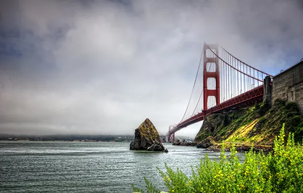 Картинка море, небо, облака, цветы, мост, скала, Сан-Франциско, золотые ворота