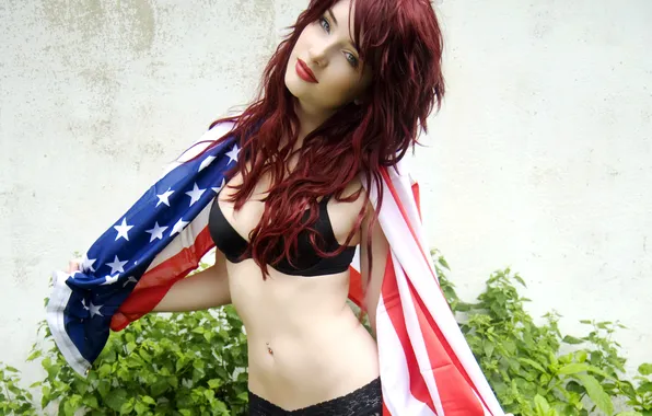 Девушка, Взгляд, Модель, Флаг, Нижнее белье, Susan Coffey