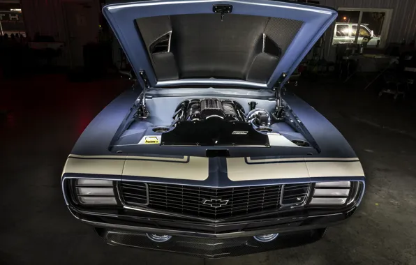 Chevrolet, 1969, Camaro, Blue, Front, Face, Engine, G-Code