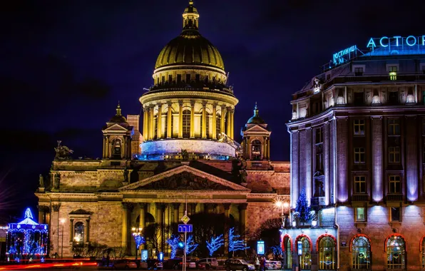 Ночь, Санкт-Петербург, Исаакиевский собор, Россия, Russia, night, St. Petersburg, St. Isaac's Cathedral