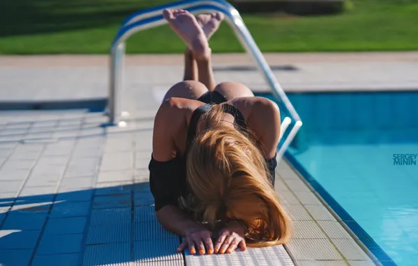 Grass, ass, model, women, redhead, brunette, swimming pool, swimwear