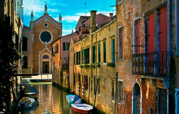 Вода, улица, дома, старые, лодки, Италия, Венеция, канал