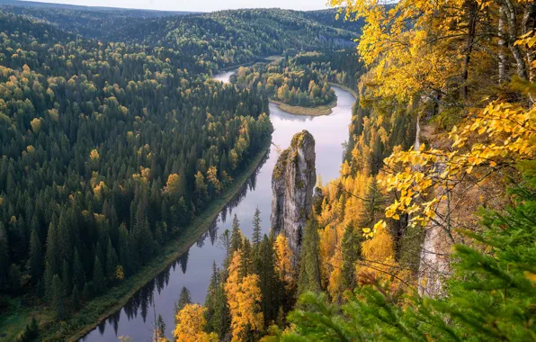 Картинка осень, пейзаж, природа, река, скалы, леса, Пермский край, Усьва