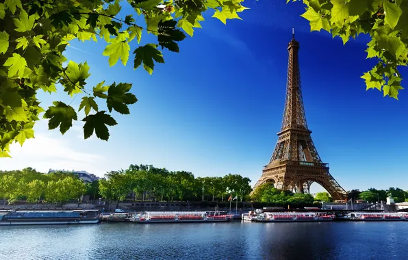 Картинка деревья, город, река, фото, Париж, Эйфелева башня