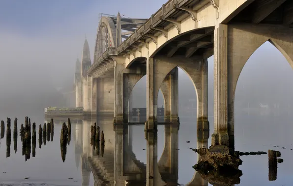 Картинка мост, туман, река, опора