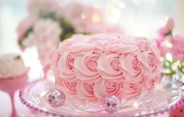 Розовый, шар, торт, гирлянда, cake, крем, pink, сладкое
