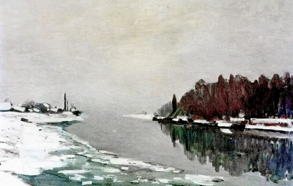 Картинка зима, пейзаж, картина, Клод Моне, Лед на Берегу Сены