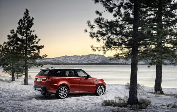 Картинка зима, деревья, фото, Land Rover, Range Rover, автомобиль, Range Rover Sport, бордовый