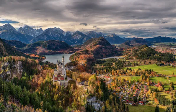 Осень, небо, деревья, горы, тучи, Германия, Бавария, день