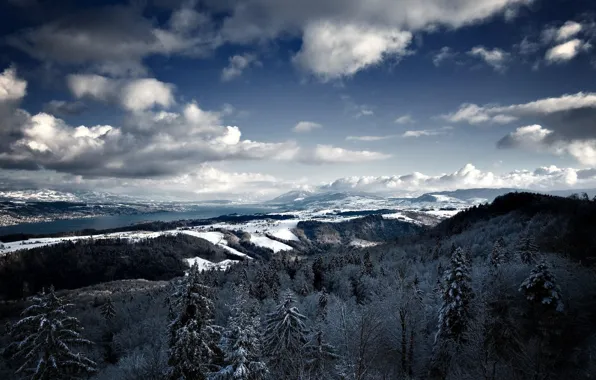 Картинка зима, небо, облака, снег, деревья, пейзаж, горы, склоны