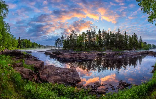 Картинка лес, деревья, отражение, река, рассвет, остров, утро, Финляндия