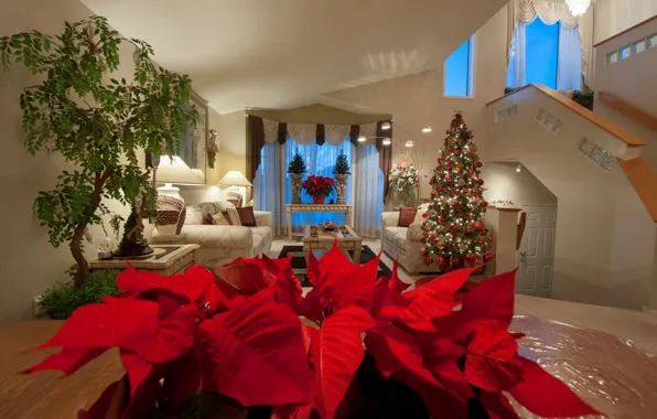 Цветы, стол, комната, диван, праздник, елка, Новый Год, Рождество