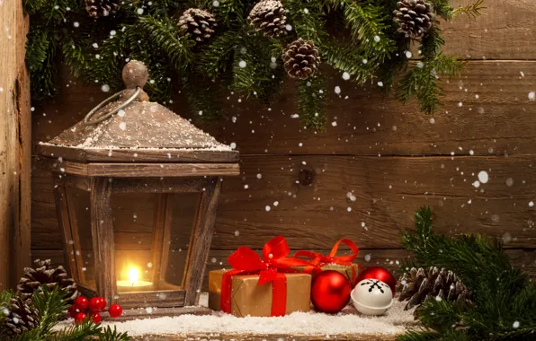 Картинка снег, украшения, шары, Новый Год, Рождество, фонарь, подарки, Christmas